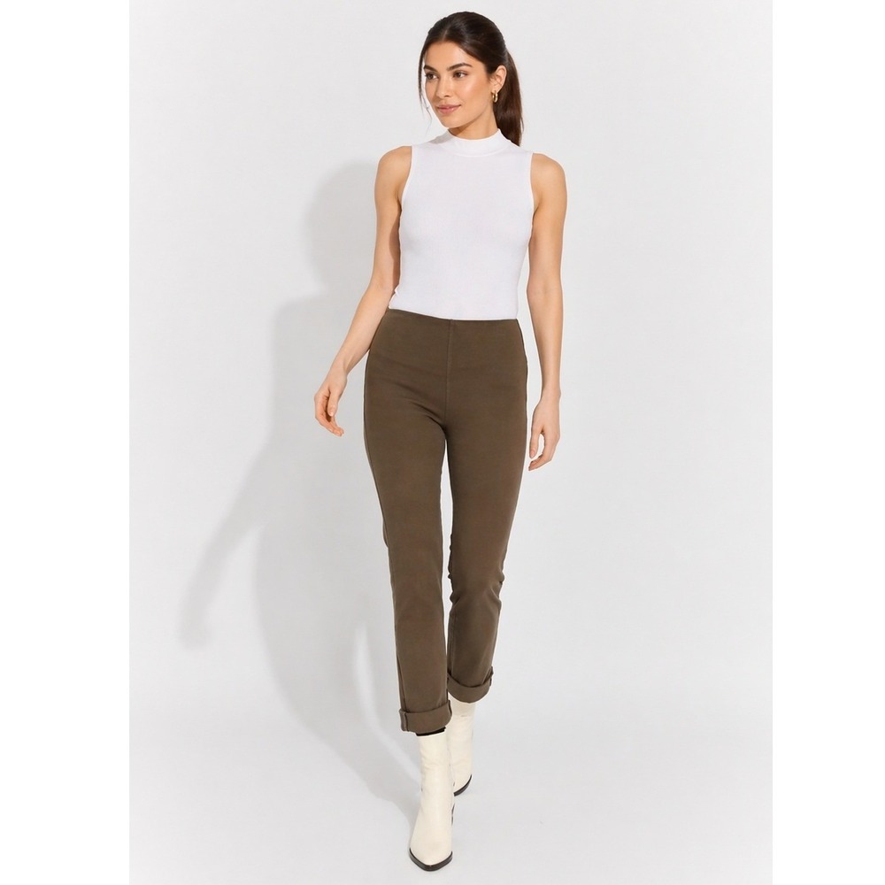 Lysse Boyfriend Denim Stretch Pant Olive Brown High Rise Pull On XS